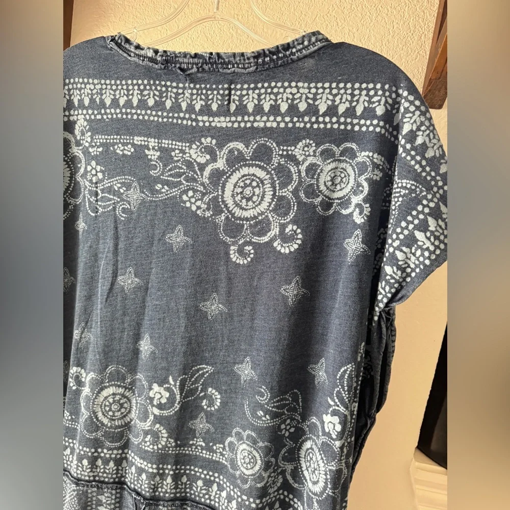 Free People Navy Blue Bandana Print Short Sleeve Tunic